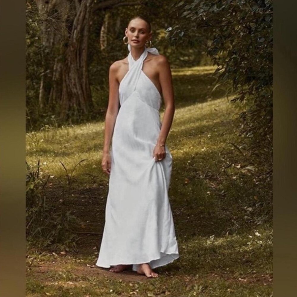 DISSH Ivory 100% linen halter maxi dress with a relaxed fit #maxidress